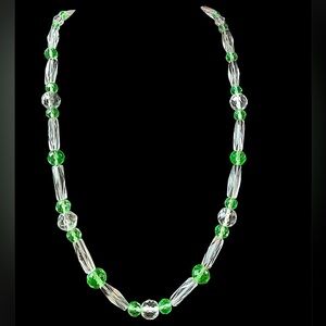 Vintage Uranium Glass and Faceted Crystal Bead Necklace 24”
